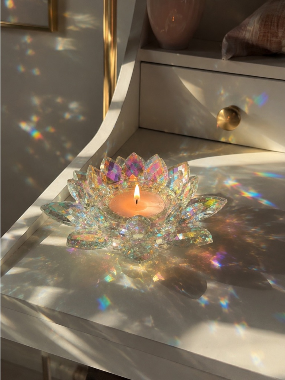 Iridescent Glass Lotus Candle Holder Rainbow Crystal Style Decor ✨